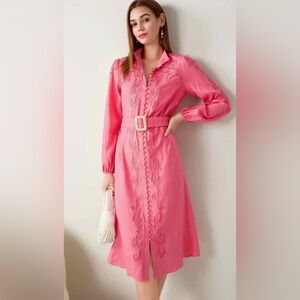 G.D.S By HELENAM Camellia Rose Pink Midi Sleeve Dress with Embroidery Sz S